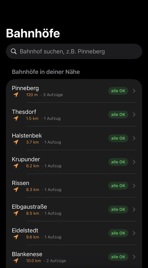 App-Ansicht Aufzüge: Bahnhöfe rund um Pinneberg, jeweils mit Status alle OK