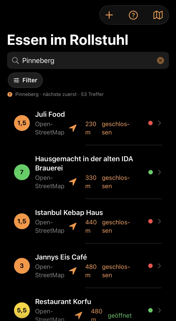 App-Ansicht Essen: Restaurants in Pinneberg mit Punkten von 1 bis 10, Entfernung und Geöffnet-Anzeige