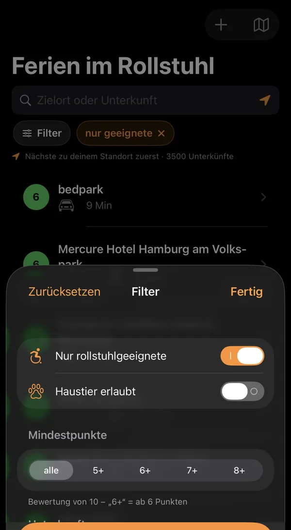 App-Ansicht Ferien: Unterkunftsliste mit geöffnetem Filter – nur rollstuhlgeeignete, Haustier erlaubt, Mindestpunkte