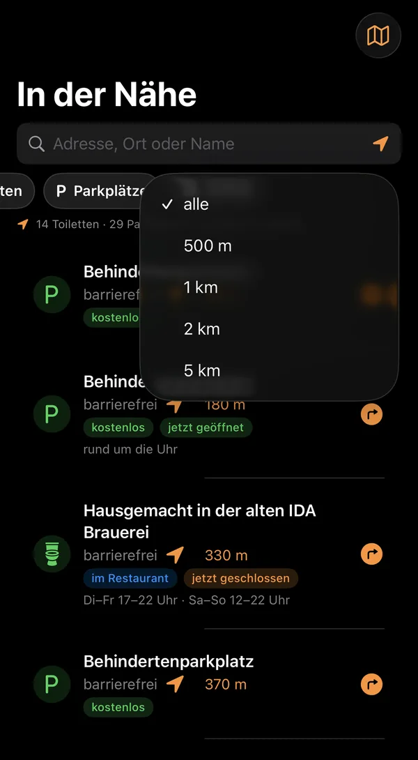 App-Ansicht In der Nähe: Behindertenparkplätze und Toiletten in Pinneberg mit Umkreisauswahl